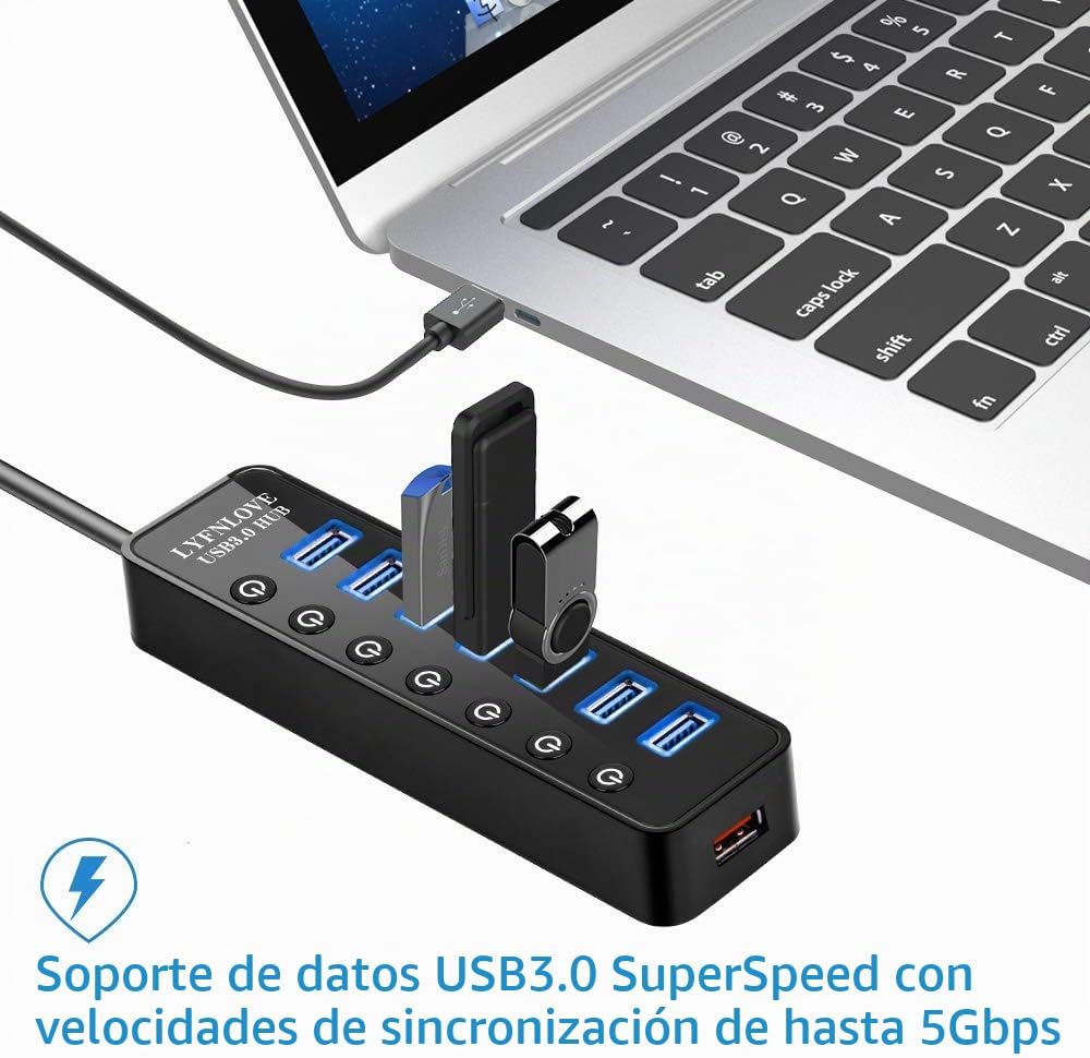 LYFNLOVE, HUB002, hub USB 3.0, alimentado, con puerto de carga inteligente, adaptador 5V/4A
