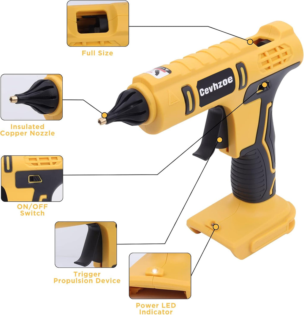 Pistola de pegamento caliente inalámbrica para batería DeWalt de iones de litio de 20 V con 20 barras de pegamento de 0.43 pulgadas y boquilla de cobre aislada, kit de tamaño completo (solo