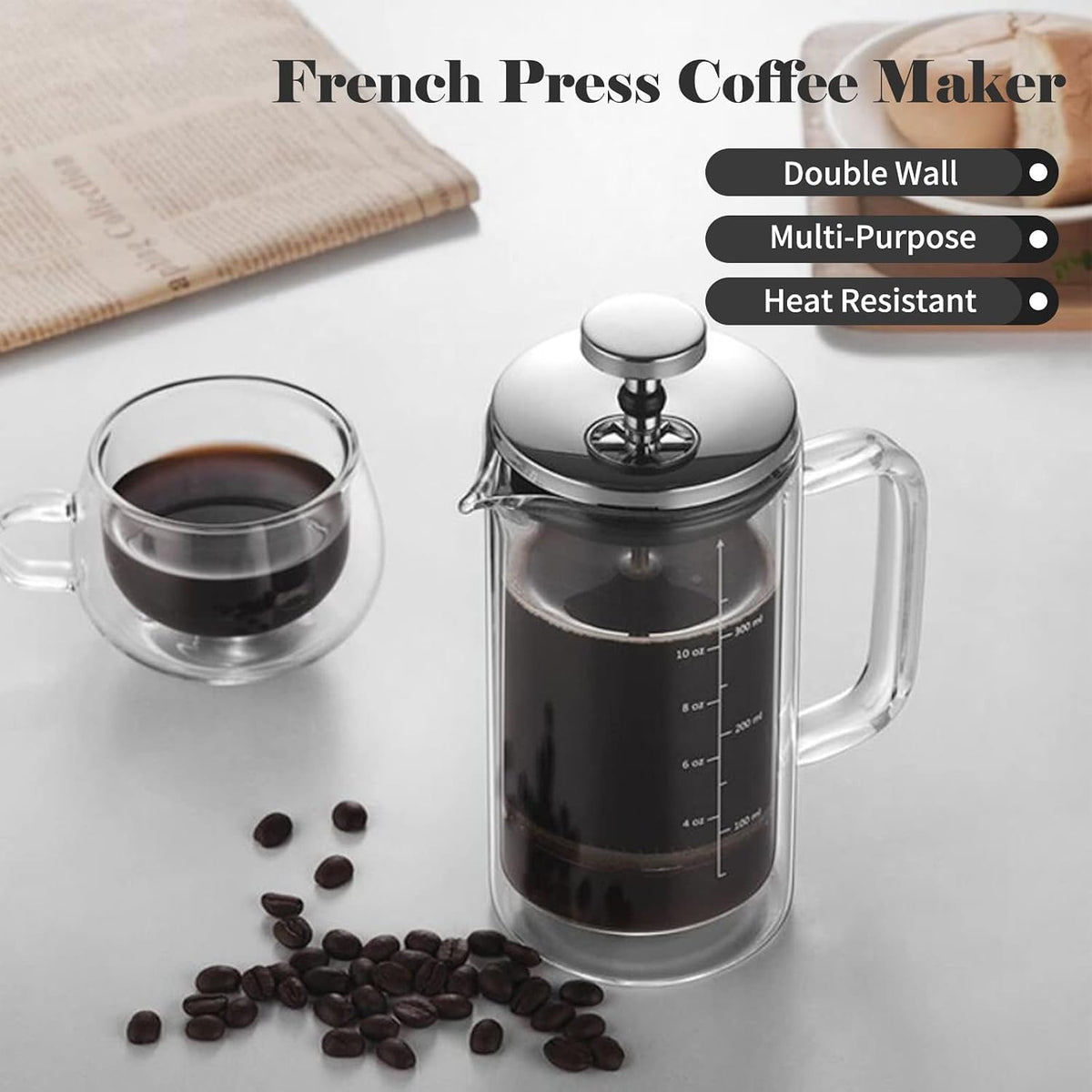 Decdeal Cafetera francesa de doble pared Cafetera de vidrio de borosilicato