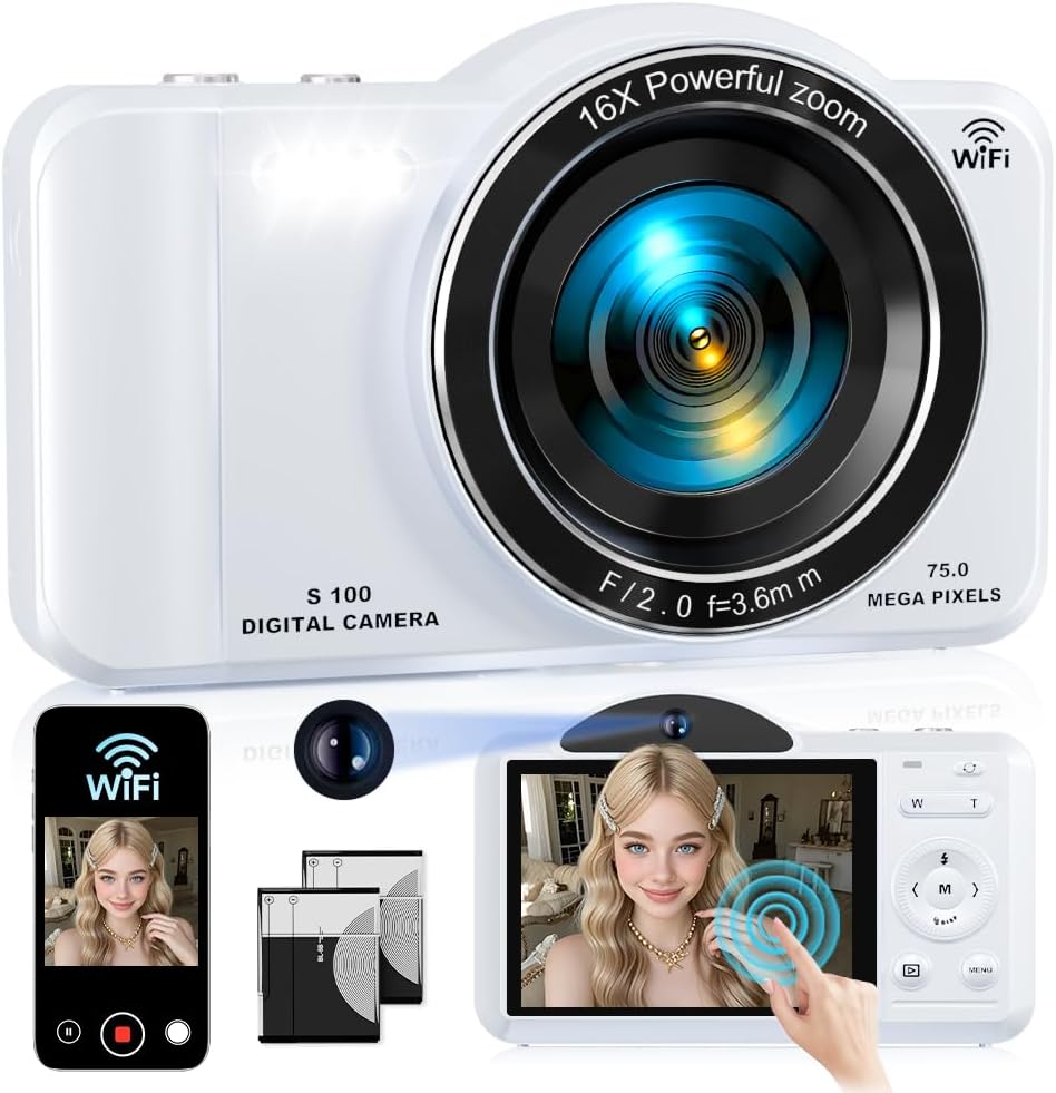 Cámara digital, 4K WiFi 75MP cámara dual apuntar y disparar cámara...