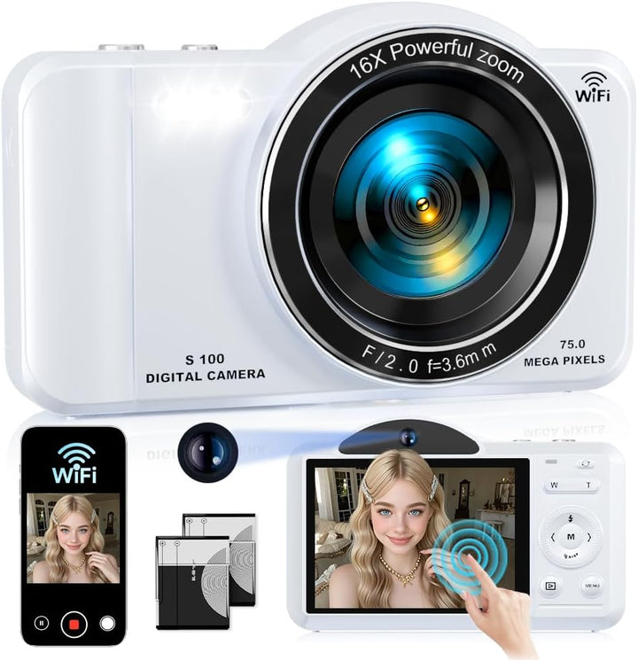 Cámara digital, 4K WiFi 75MP cámara dual apuntar y disparar cámara...