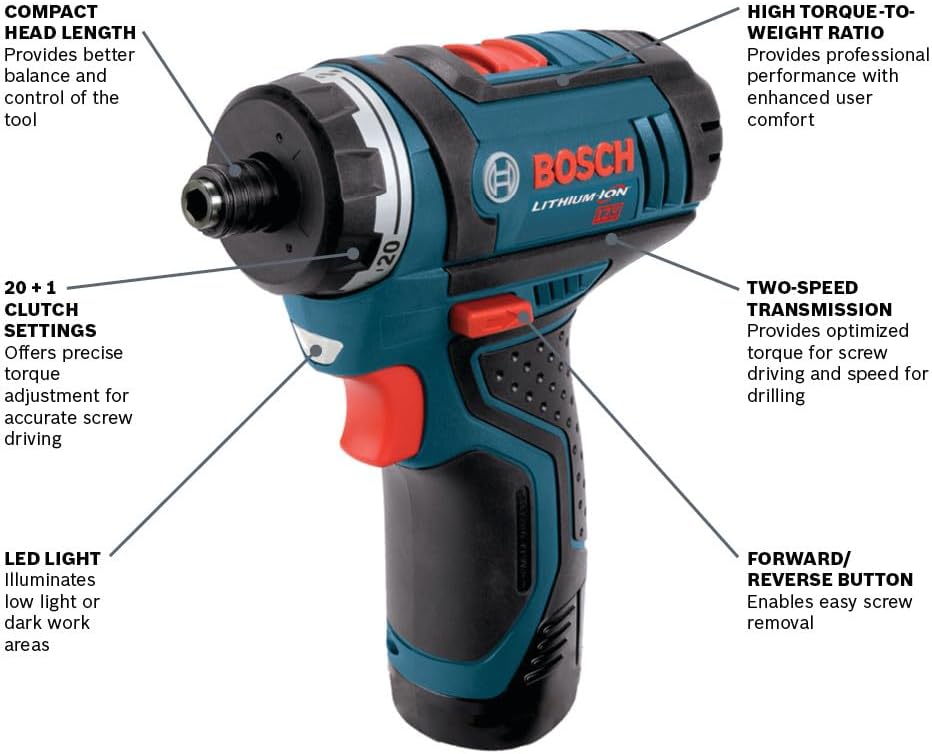 Kit Bosch PS21 destornillador de bolsillo de 2 velocidades, 2A, 12 volt máx., ión litio con 2 pilas, cargador y estuche