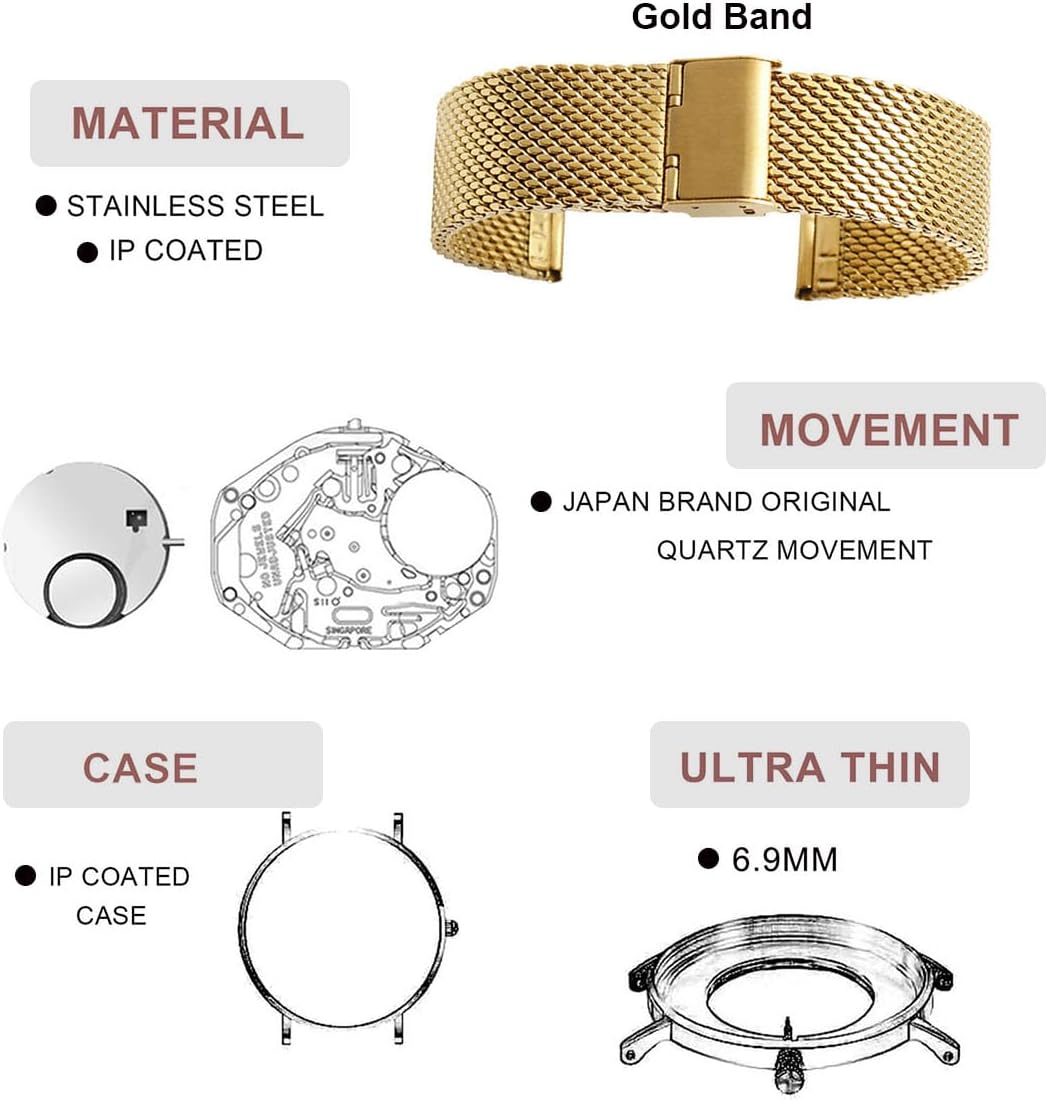 Relojes dorados para mujer, reloj de cuarzo redondo con clase, minimalista, impermeable, pulsera de acero inoxidable, reloj para mujer