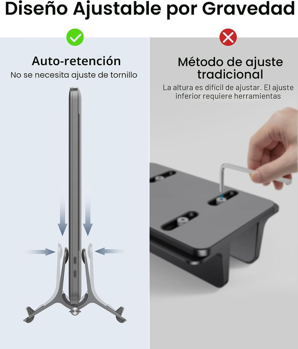 Soporte vertical para laptop para escritorio, soporte para MacBook con bloqueo automático por gravedad, soporte vertical de aluminio para laptop compatible con MacBook Pro, Air, tableta, ahorro de espacio, organiza el trabajo y la oficina en casa, gris