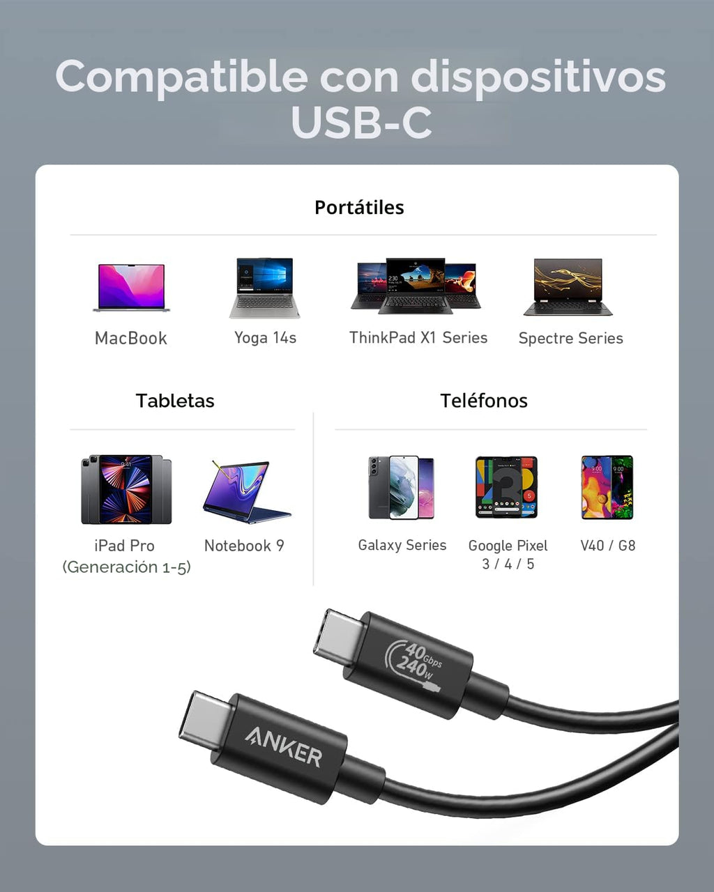 Anker USB C Cable, 40 Gbps USB 4 Data Cable,compatible con Thunderbolt 4/3