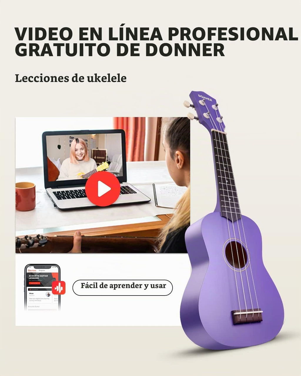 Donner Ukelele soprano para principiantes, ukelele mate de 21 pulgadas, kit para principiantes con correa para bolsa, afinador, cuerdas, púas de tela, lecciones en línea gratuitas (morado)