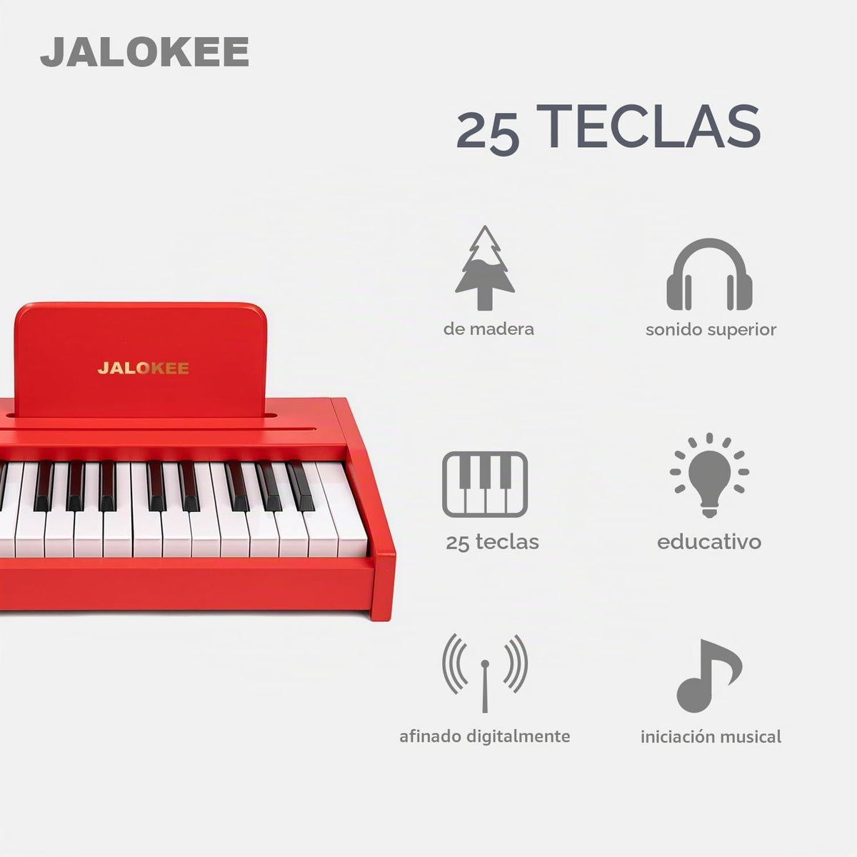 Teclado de piano para niños, piano digital para niños, instrumento educativo musical, juguete de madera para niñas y niños a partir de 3 años (rojo, 25 teclas)