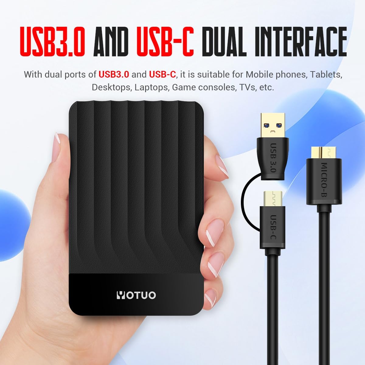 YOTUO - Disco duro externo de 500 GB, disco duro de expansión de almacenamiento portátil, USB 3.0 y USB-C para PC, Mac, computadora de escritorio, laptop, smartphone, PS4, Xbox One, Xbox 360, oficina y juegos, negro