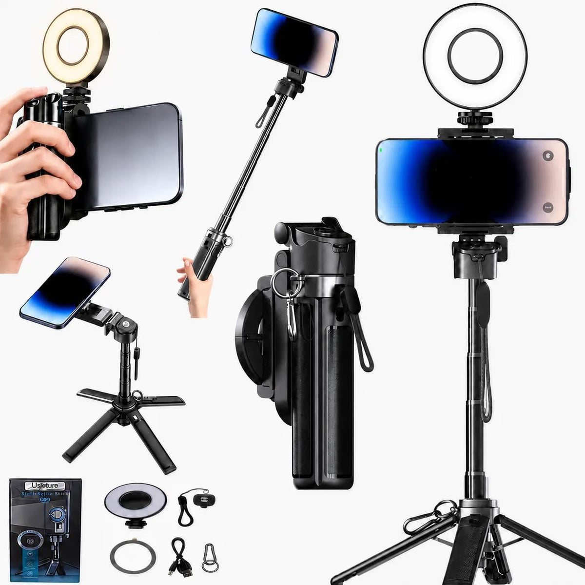 Mini palo magnético 6 en 1 para selfie de 20.5 pulgadas para iPhone con luz LED. Se puede convertir en mini trípode/agarre de cámara de teléfono/estabilizador de mano/soporte para teléfono