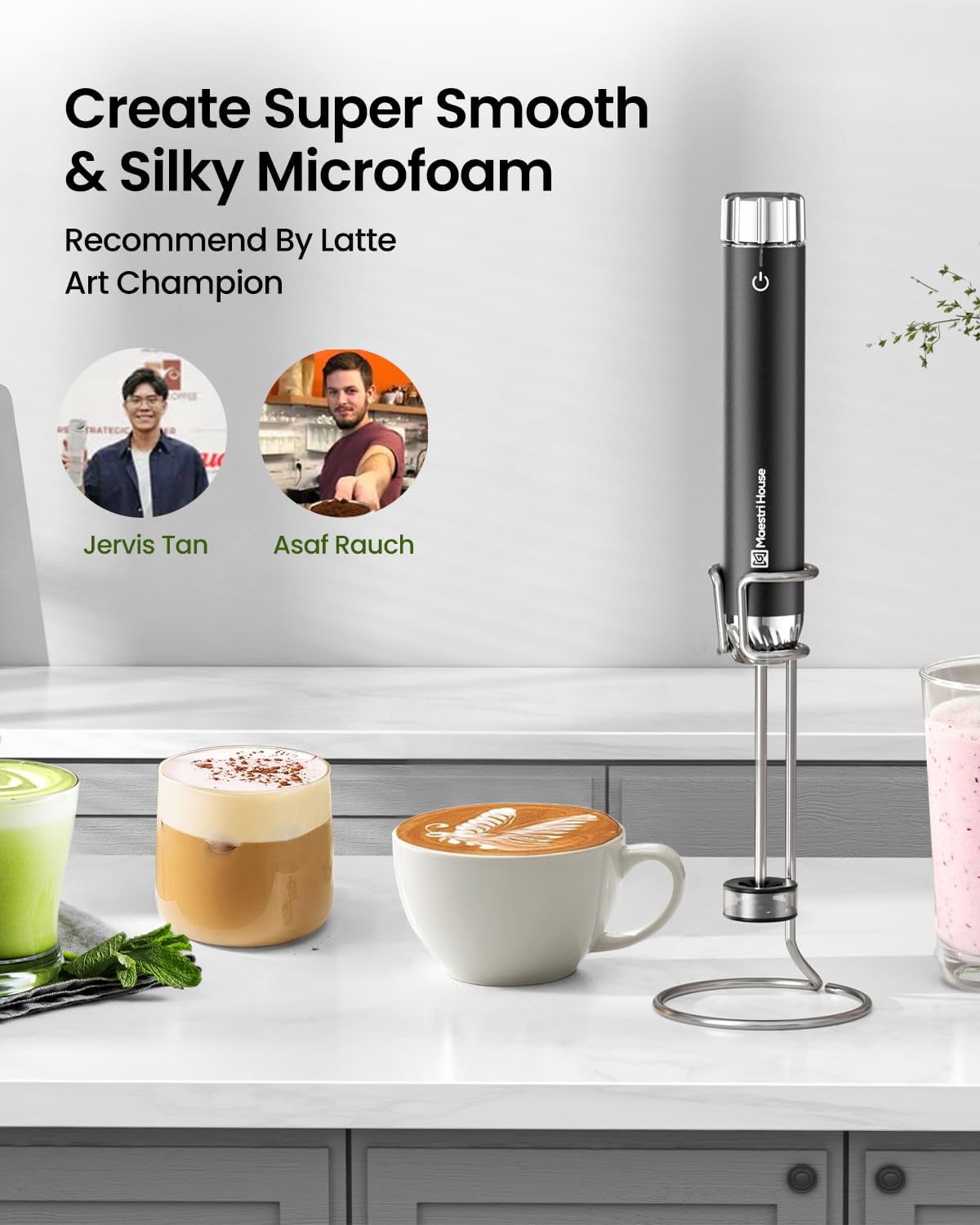 Maestri House LunaFro - Espumador de leche de grado barista, espumador de mano recargable con control de velocidad continuo, almohadilla de puntos de silicona con IPX6 impermeable, microespuma de