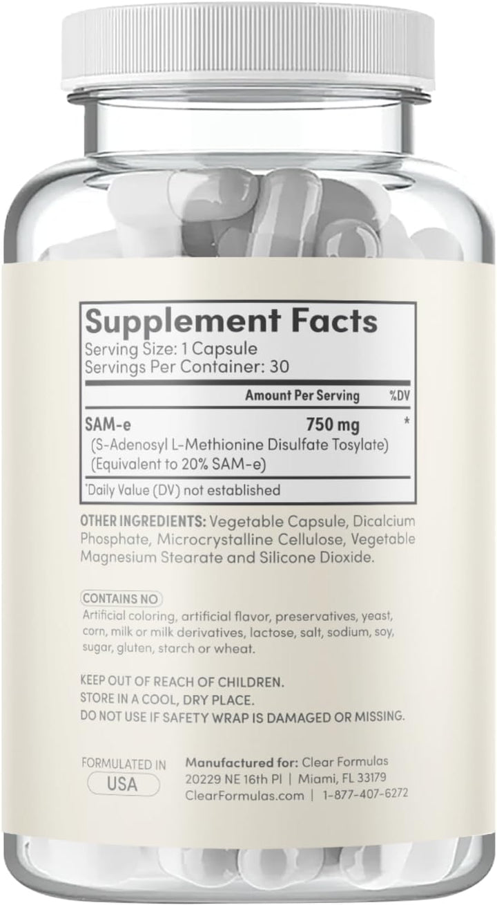 Clear Formulas Bioactive SAM-e 750mg - Suplemento SAM-e de alta res...