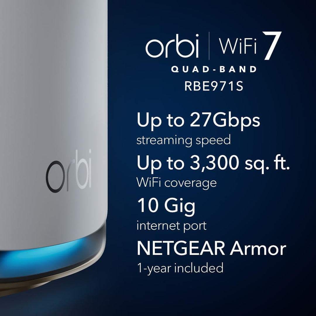NETGEAR Orbi Serie 970 Router WiFi 7 de cuatro bandas (RBE971S), ca...