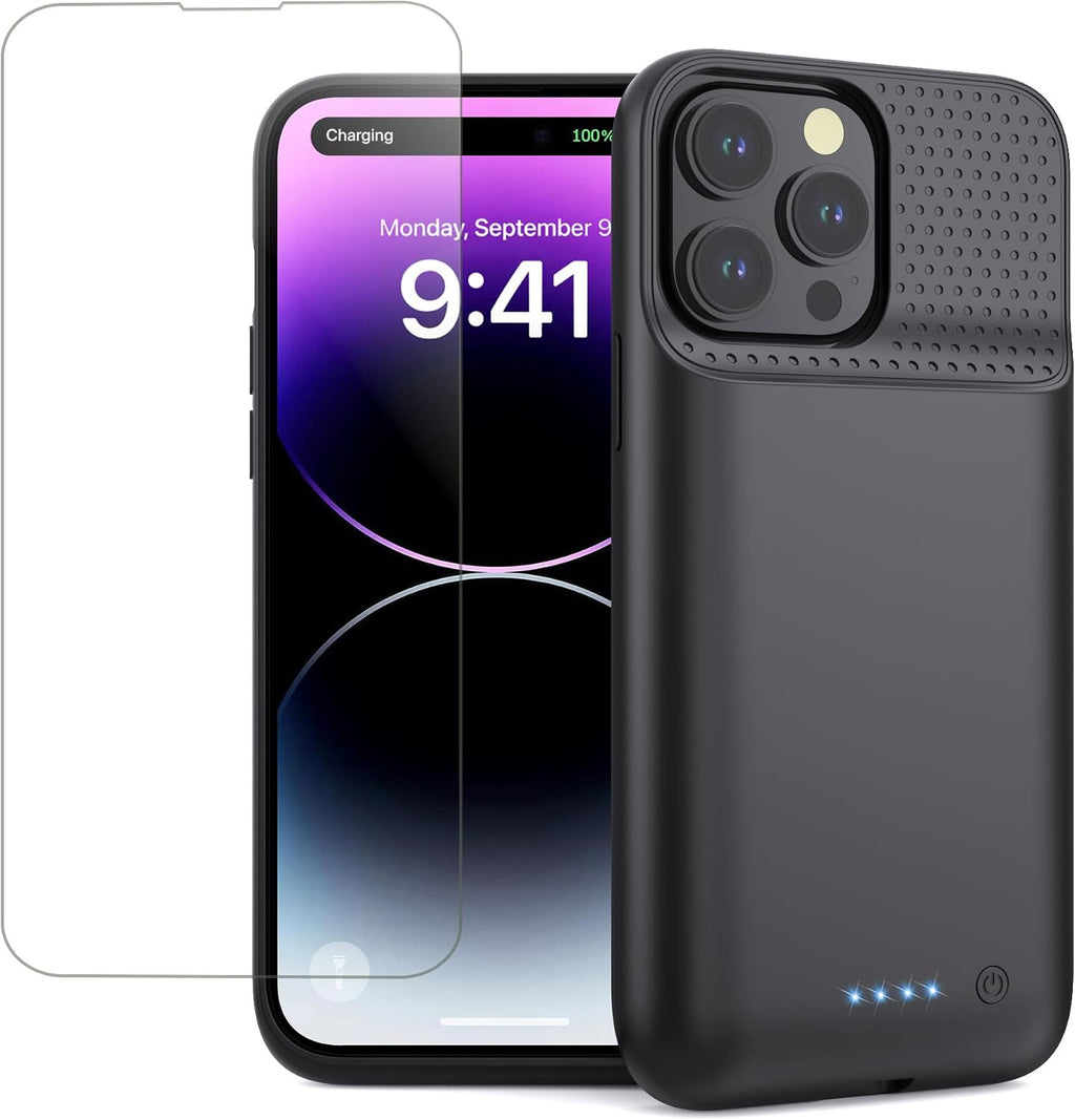 Pxwaxpy Funda de batería para iPhone 13 Pro Max/14 Pro Max/14 Plus, funda delgada de cargador de 8600 mAh mejorada con protección anticaídas de 360°, funda de carga recargable para iPhone 13 Pro Max
