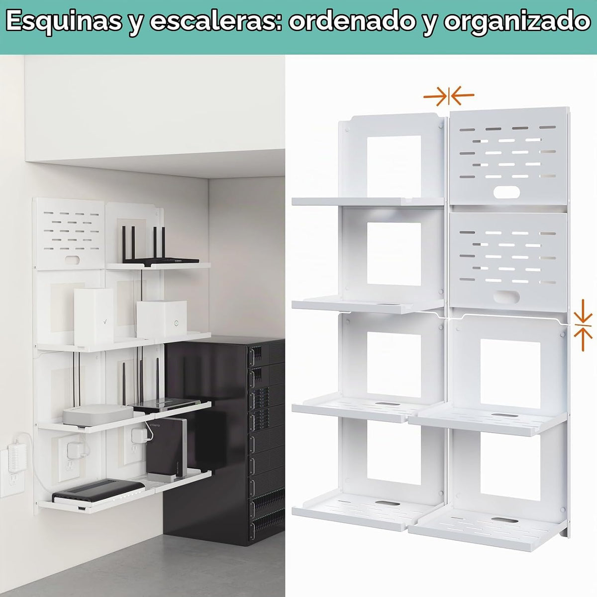 Estante de pared plegable de 2 niveles, estante de salida de metal de 10 pulgadas con agujeros para cables, organización y conexión de doble capa para enrutador y módem y decoración inteligente