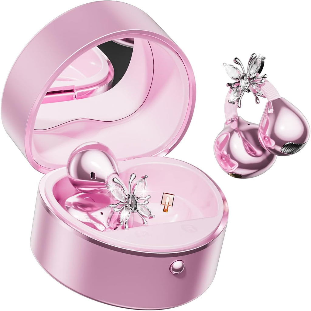2026 Gran regalo con clip en auriculares con diseño de corazón y aretes de mariposa desmontables, auriculares inalámbricos Bluetooth 6.0 para mujer, IPX6 impermeable, tiempo de reproducción de