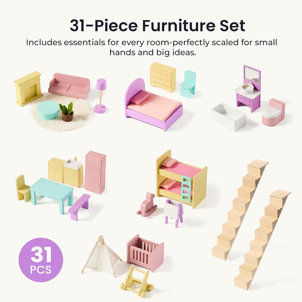 Tiny Land - Casa de muñecas de madera para niñas - Casa de muñecas de madera de 6 habitaciones