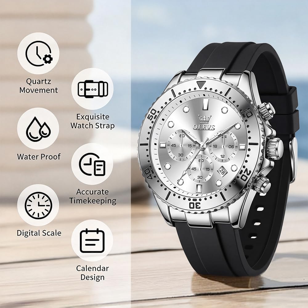 OLEVS Relojes para hombres con correa negra, Reloj cronógrafo profesional para hombres