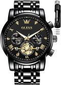 Reloj OLEVS azul para hombre Fase lunar Negocios Vestir Analógico Acero inoxidable Impermeable Luminiscente Fecha Bicolor Lujo Casual de pulsera