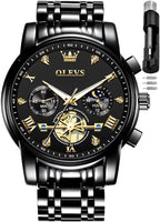Reloj OLEVS azul para hombre Fase lunar Negocios Vestir Analógico Acero inoxidable Impermeable Luminiscente Fecha Bicolor Lujo Casual de pulsera