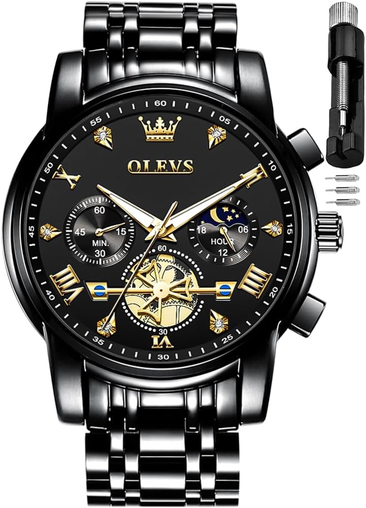 Reloj OLEVS azul para hombre Fase lunar Negocios Vestir Analógico Acero inoxidable Impermeable Luminiscente Fecha Bicolor Lujo Casual de pulsera