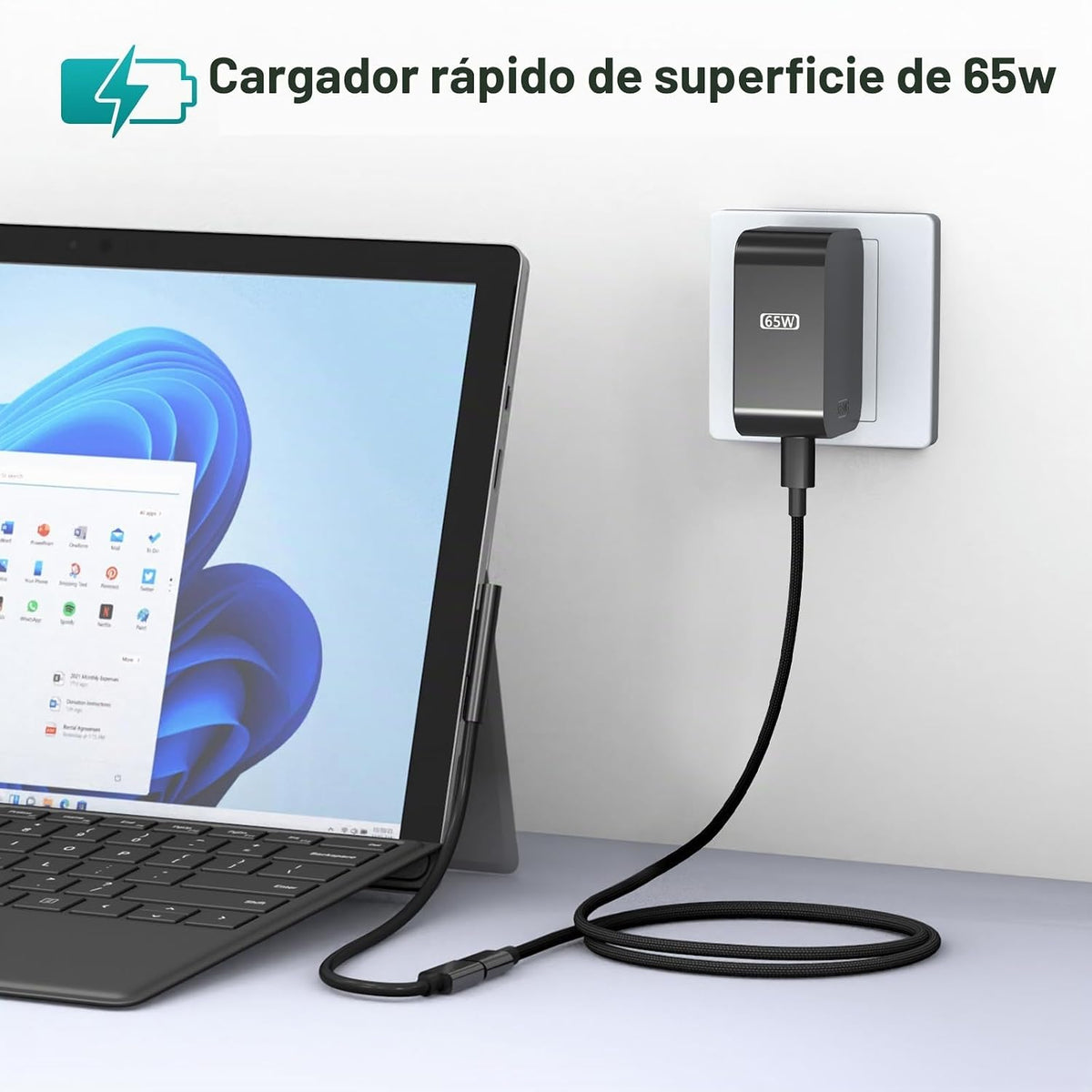 Nuevo cargador de superficie de 65 W con enchufe de CA plegable, compatible con cargador Surface Pro 13 11, 12, 10, 9, 8, 7+, 7, 6, 5, 4, 3, X, Surface Book3, 2, 1, laptop y tableta, compatible con