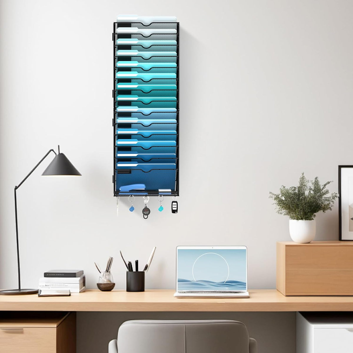 Organizador de archivos de pared de 15 niveles, organizador de archivos colgante con 5 ganchos, soporte de correo montado en la pared para papeles, carpetas, revistas, facturas, organización de