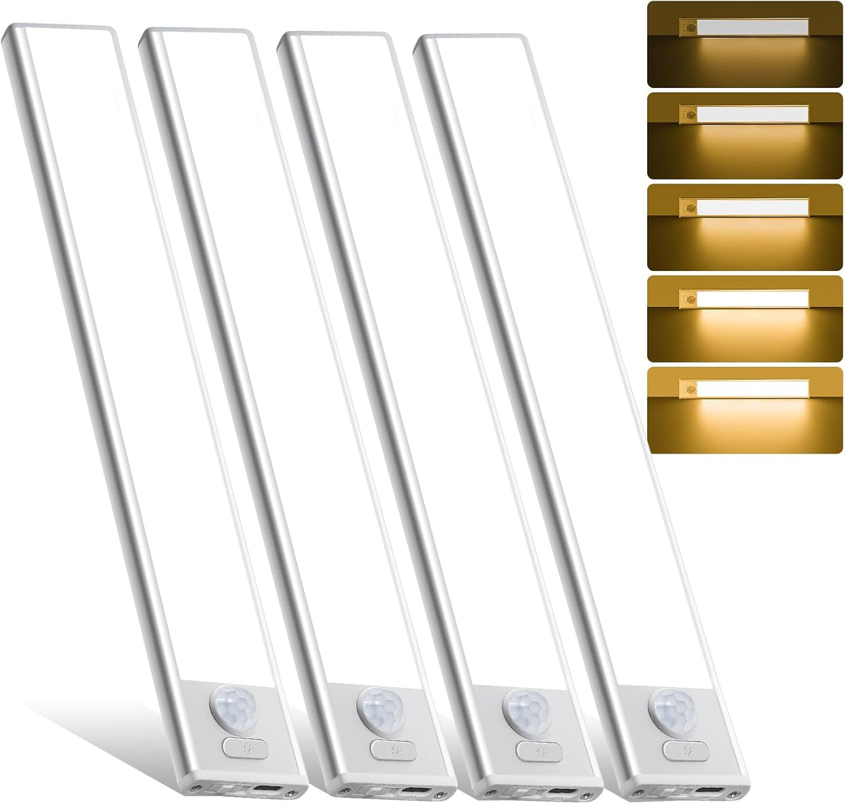 Paquete de 4 luces para debajo del gabinete, luz recargable con sensor de movimiento para interiores, luces magnéticas inalámbricas regulables, 32 luces LED debajo de la encimera para cocina, armario, escaleras, luz cálida