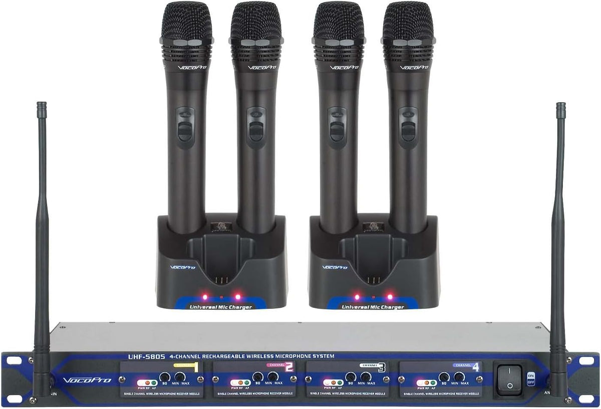 VOCOPRO UHF580510 Sistema de micrófono inalámbrico UHF recargable profesional de 4 canales