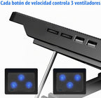 Almohadilla de enfriamiento para laptop, enfriador de laptop con 6 ventiladores silenciosos para portátiles de 12 a 17 pulgadas, soporte estable, 7 altura y velocidad del viento ajustable, 2 puertos USB y soporte para teléfono (negro)