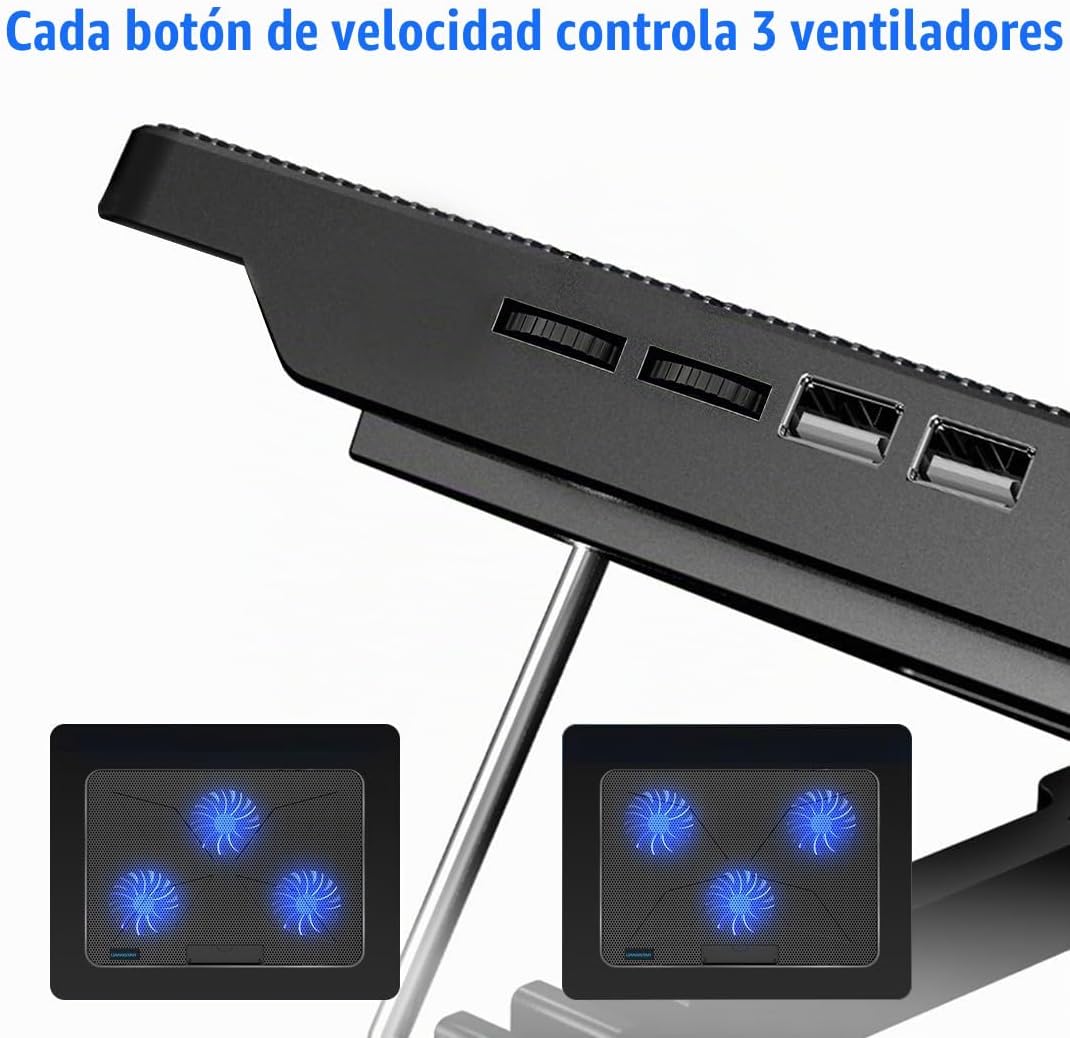 Almohadilla de enfriamiento para laptop, enfriador de laptop con 6 ventiladores silenciosos para portátiles de 12 a 17 pulgadas, soporte estable, 7 altura y velocidad del viento ajustable, 2 puertos USB y soporte para teléfono (negro)