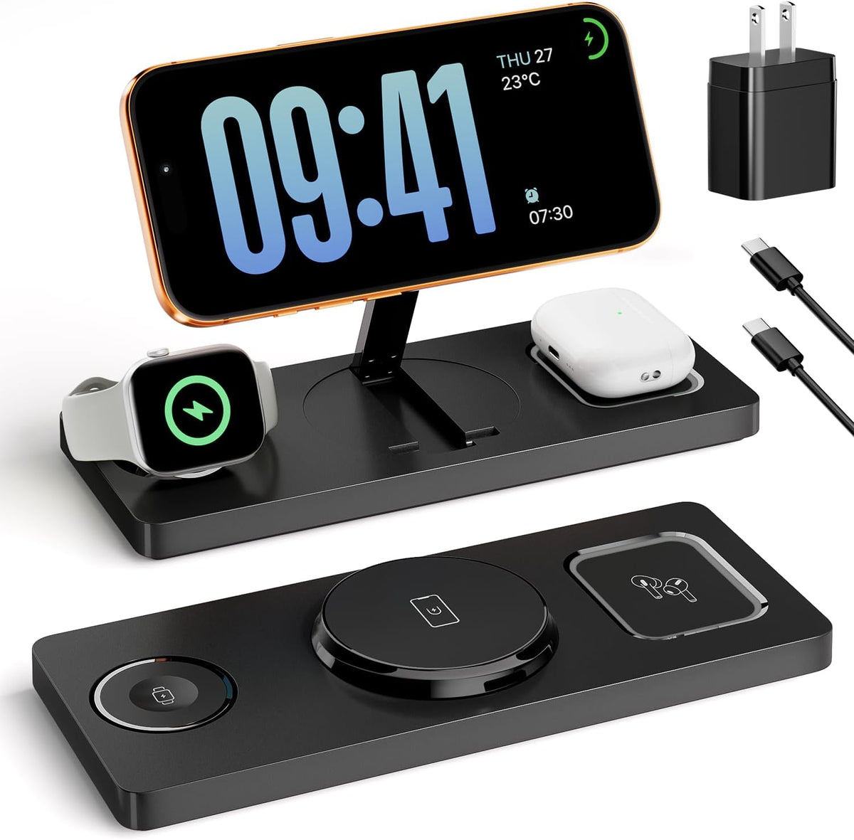 Estación de carga plegable 3 en 1 para Magsafe, soporte de cargador de teléfono y reloj para dispositivos Apple, base de cargador de escritorio inalámbrica para iPhone 17, 16, 15, 14, 13, 12, Apple
