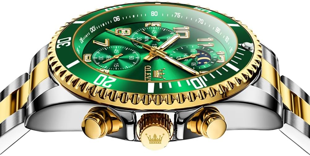 OLEVS Reloj de caballero Cronógrafo de lujo con fases de la luna, dos tonos, acero inoxidable, a prueba de agua, luminiscente, calendario empresarial, reloj de pulsera