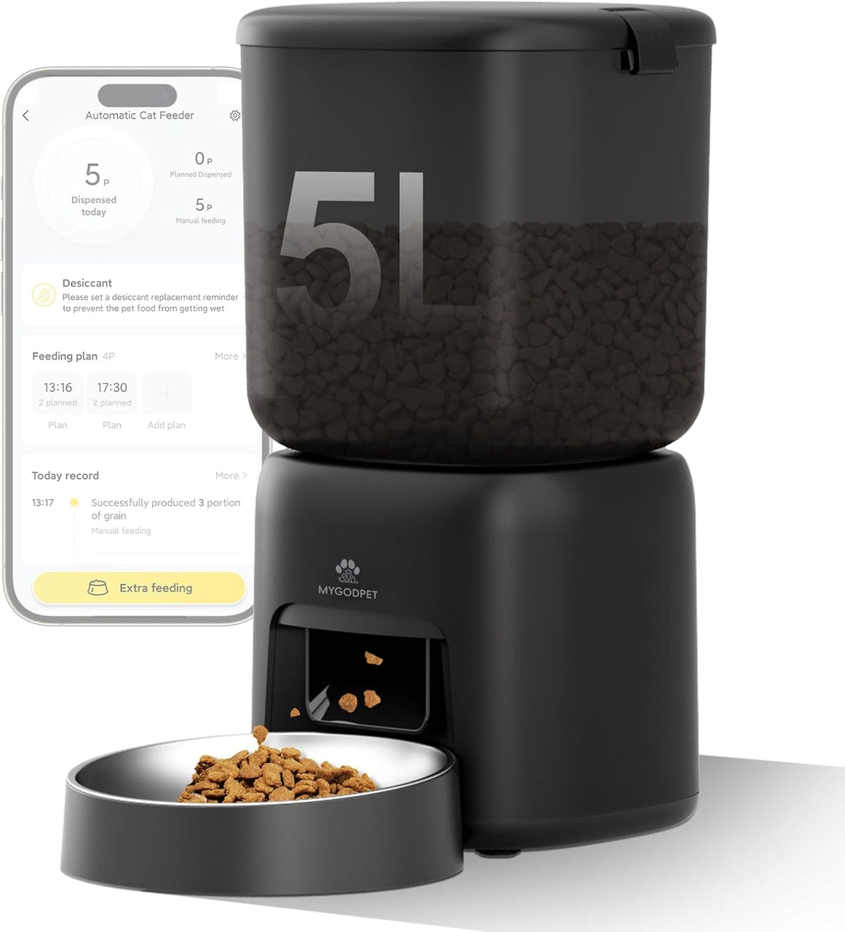 Alimentador automático para gatos, dispensador automático de alimentos para gatos 5G WiFi con bolsa desecante, alimentador para mascotas con temporizador de 5 litros con servicio de aplicación gratuito, porciones ajustables de hasta 1/12 taza, hasta 10