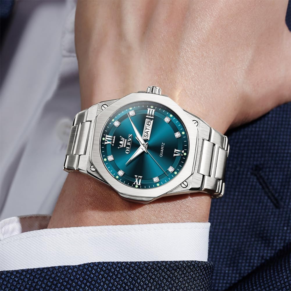 OLEVS Reloj de cuarzo octogonal de acero inoxidable para hombre, resistente al agua, para negocios, casual, de vestir, reloj de pulsera de lujo con diamantes luminosos para el día y fecha, regalo para