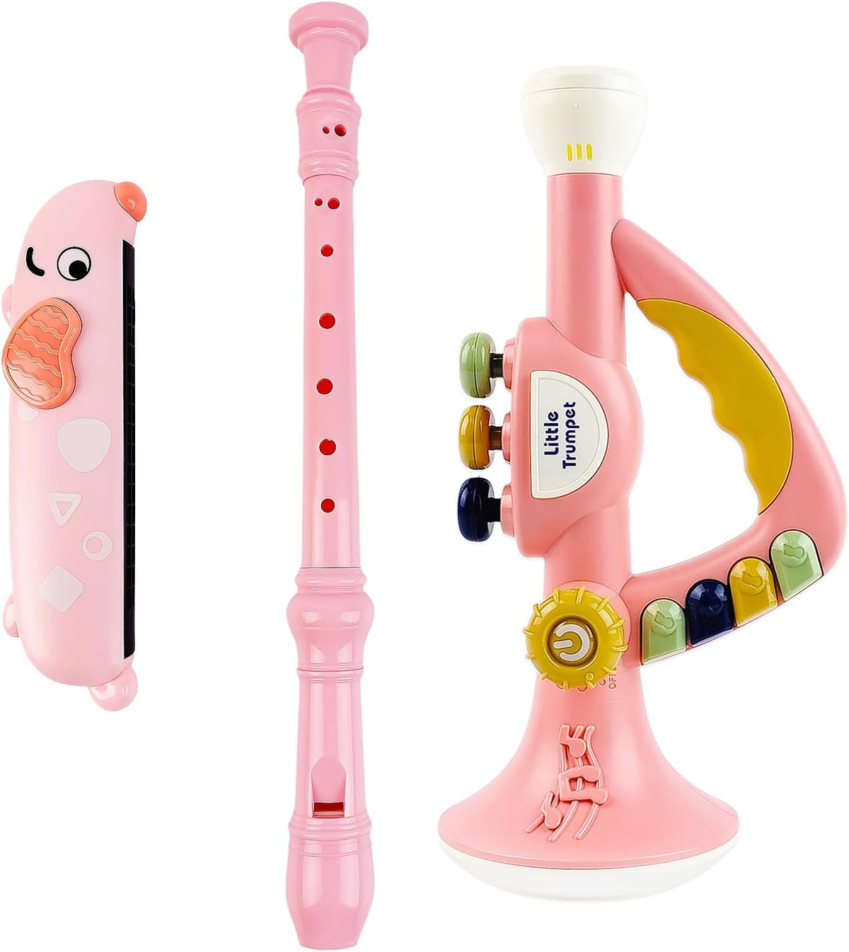 Instrumentos musicales para niños pequeños, trompeta de juguete, armónica, flauta de grabadora para niños y bebés, juego de juguetes musicales rosas para niños y niñas de 2, 3, 4, 5 años