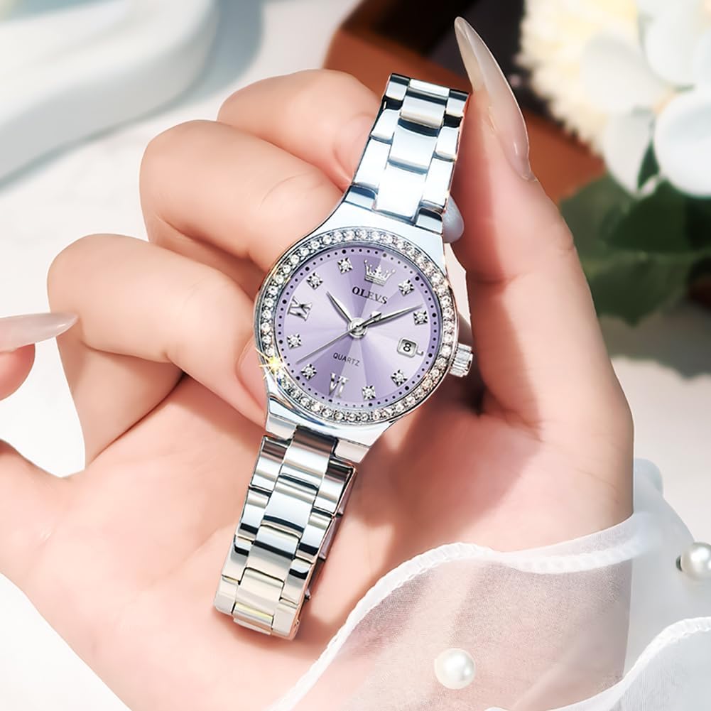 Reloj OLEVS para Mujer, Reloj de Plata para Mujer, Reloj de Vestir con Diamantes, Relojes para Mujeres con Pequeña Correa, Reloj de Lujo de Acero Inoxidable Resistente al Agua, Reloj Analógico de