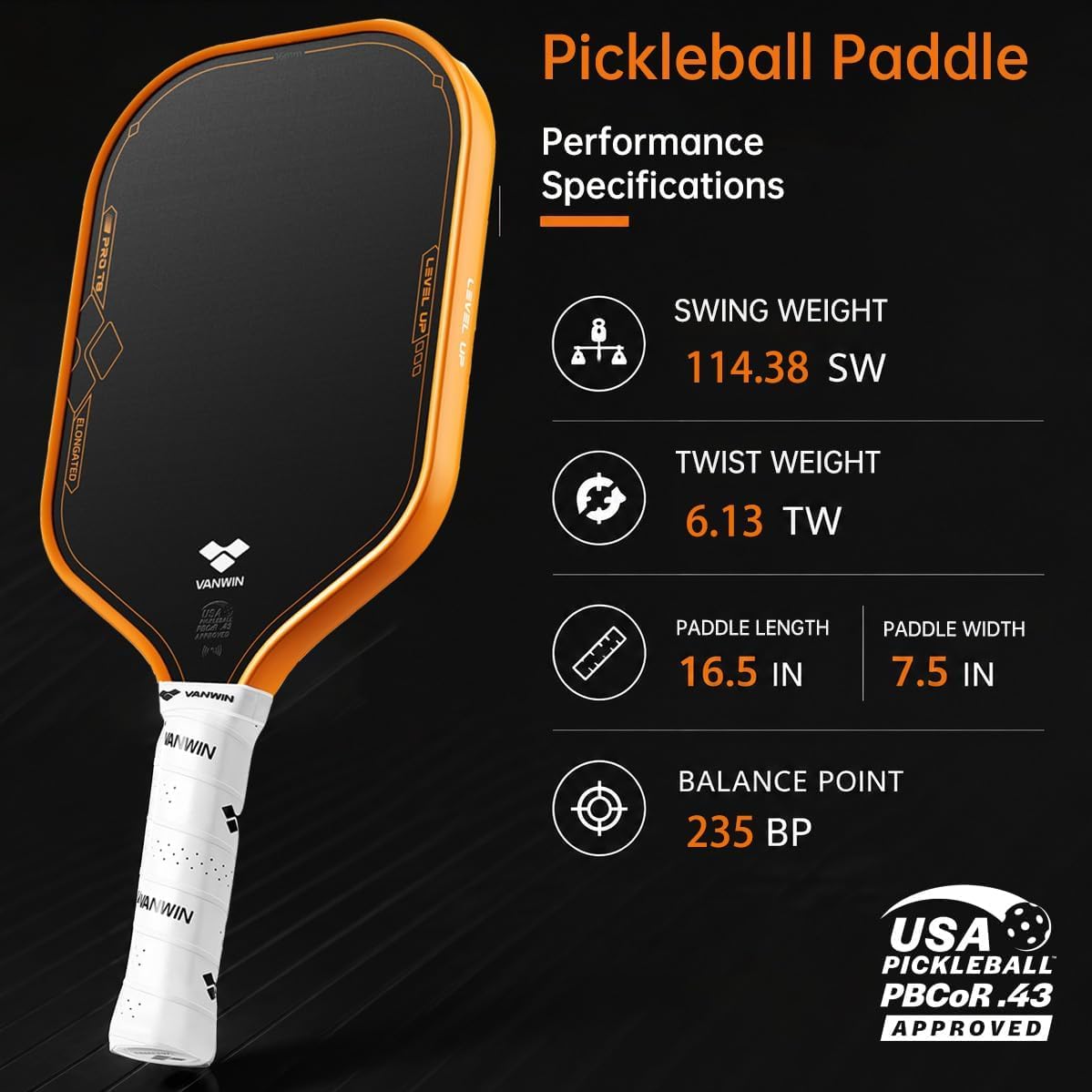 Paleta de pickleball, T700 de fibra de carbono Pickle Ball Paddle alargada aprobada por USAPA para jugadores intermedios y avanzados, núcleo de polipropileno de 0.630 in