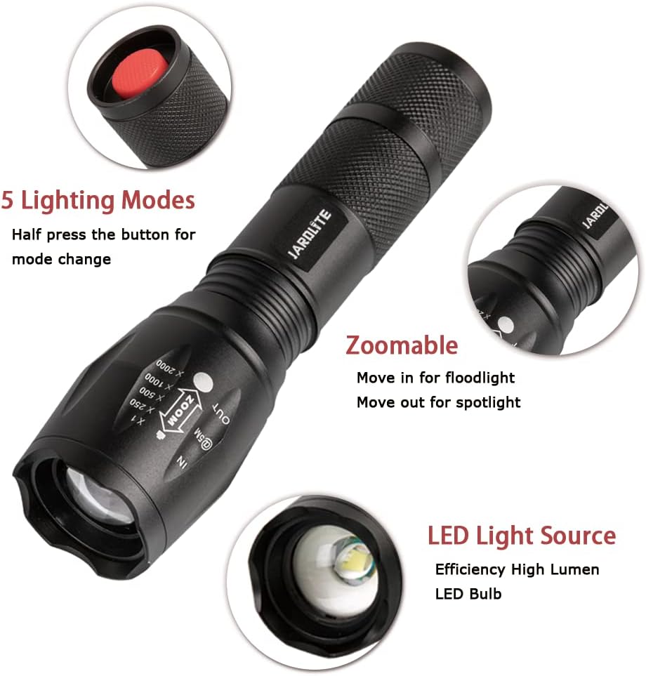 JARDLITE Linterna LED de mano de emergencia, 4 unidades, enfoque ajustable, resistente al agua con 5 modos, la mejor linterna táctica para huracanes, camping, paseo del perro