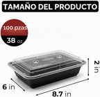 Paquete de 100 (200 piezas) recipientes de preparación de comidas de 38 onzas reutilizables con tapas, resistentes a prueba de fugas, recipientes de plástico para llevar para microondas