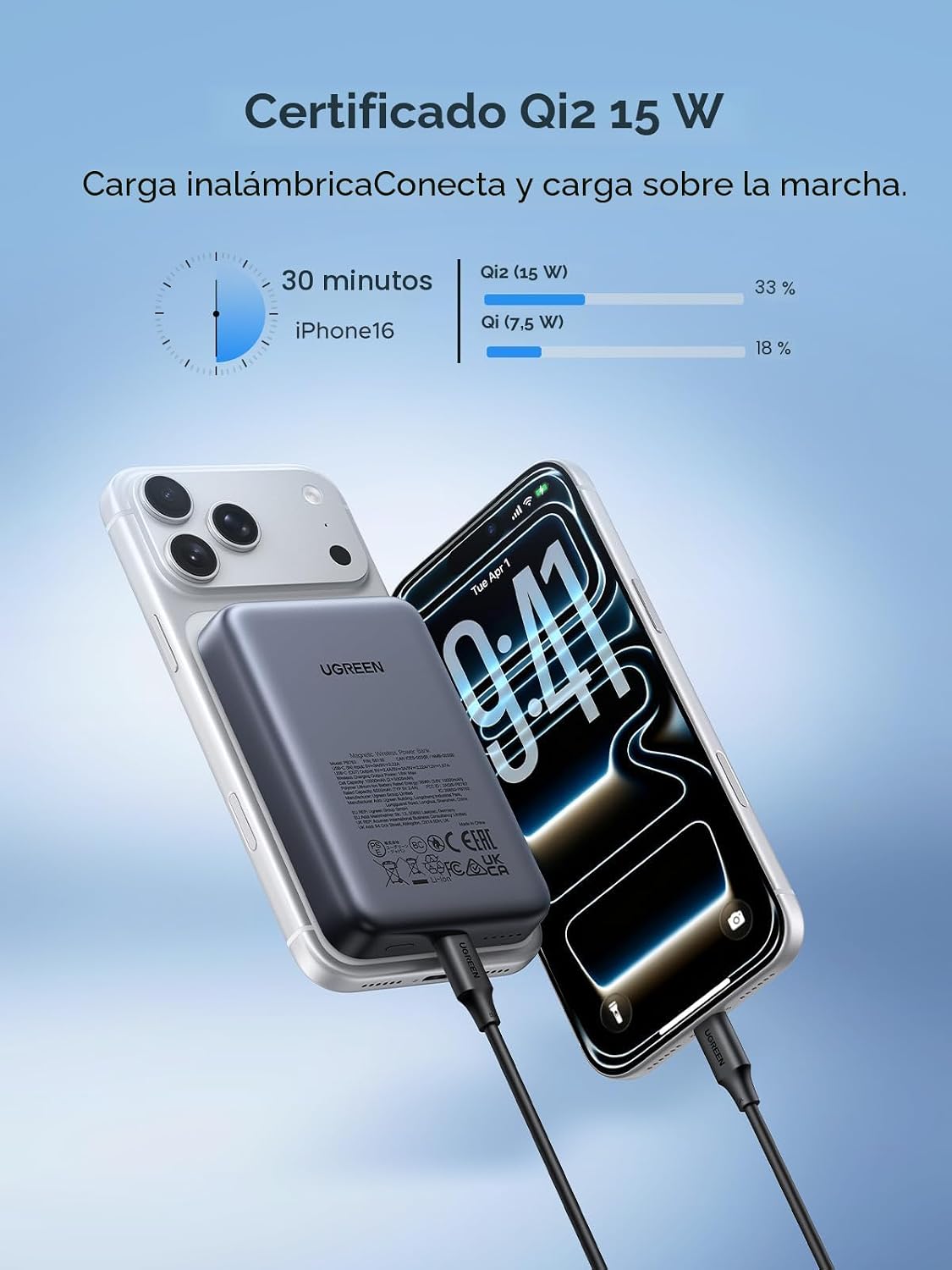 UGREEN Banco magnético delgado PD 20W del poder de 10000mAh Qi2 15W...