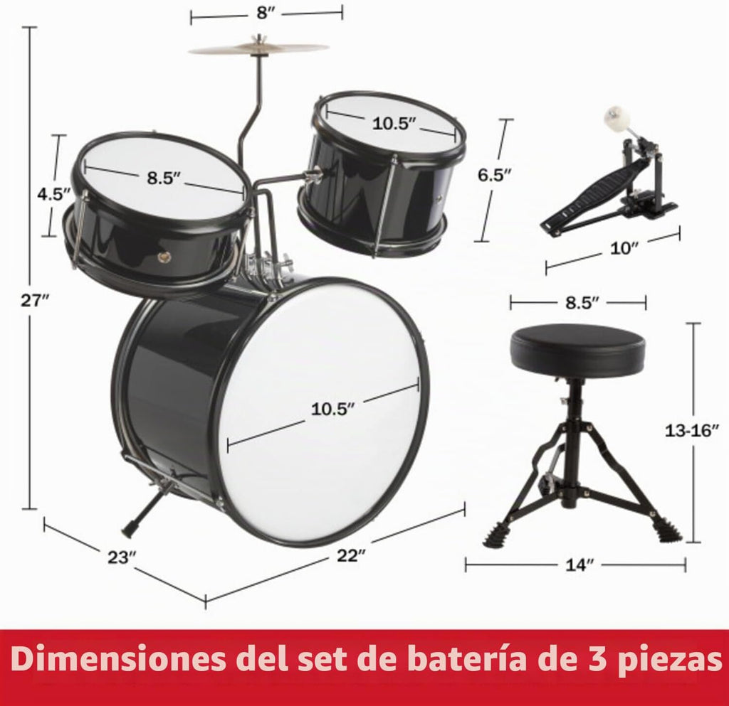 Hey Play - Juego de batería para niños, negro, juego de 3 piezas