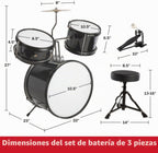 Hey Play - Juego de batería para niños, negro, juego de 3 piezas
