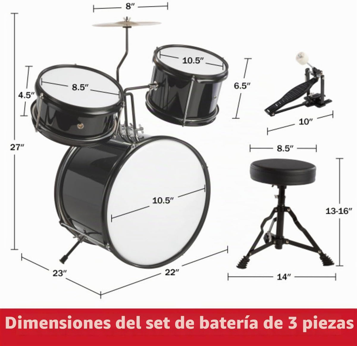 Hey Play - Juego de batería para niños, negro, juego de 3 piezas