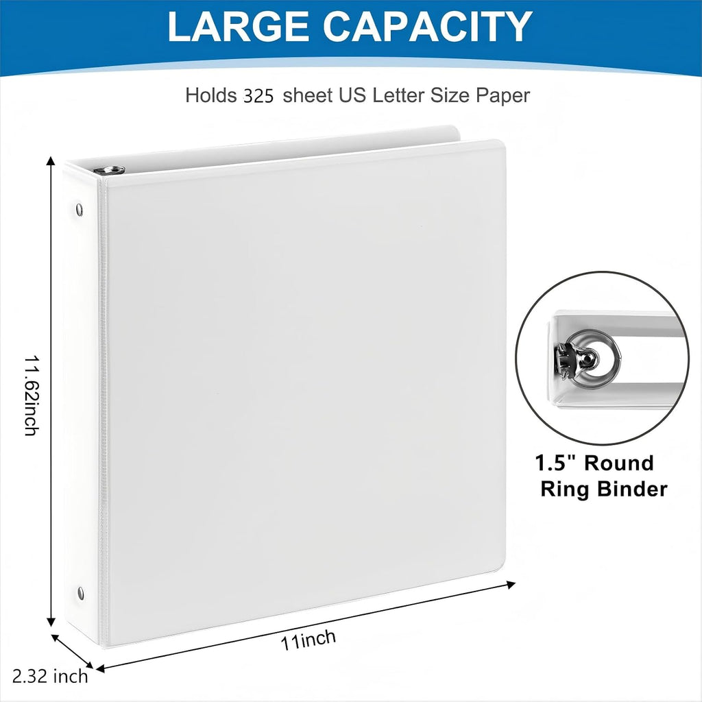 Carpeta de 3 anillos de 1.5 pulgadas con bolsillos, carpetas transparentes de 1-1/2 pulgadas, sin PVC, carpeta blanca con capacidad para hasta 325 hojas tamaño carta estadounidense, perfecta para la escuela, la oficina y el hogar (paquete de 6)