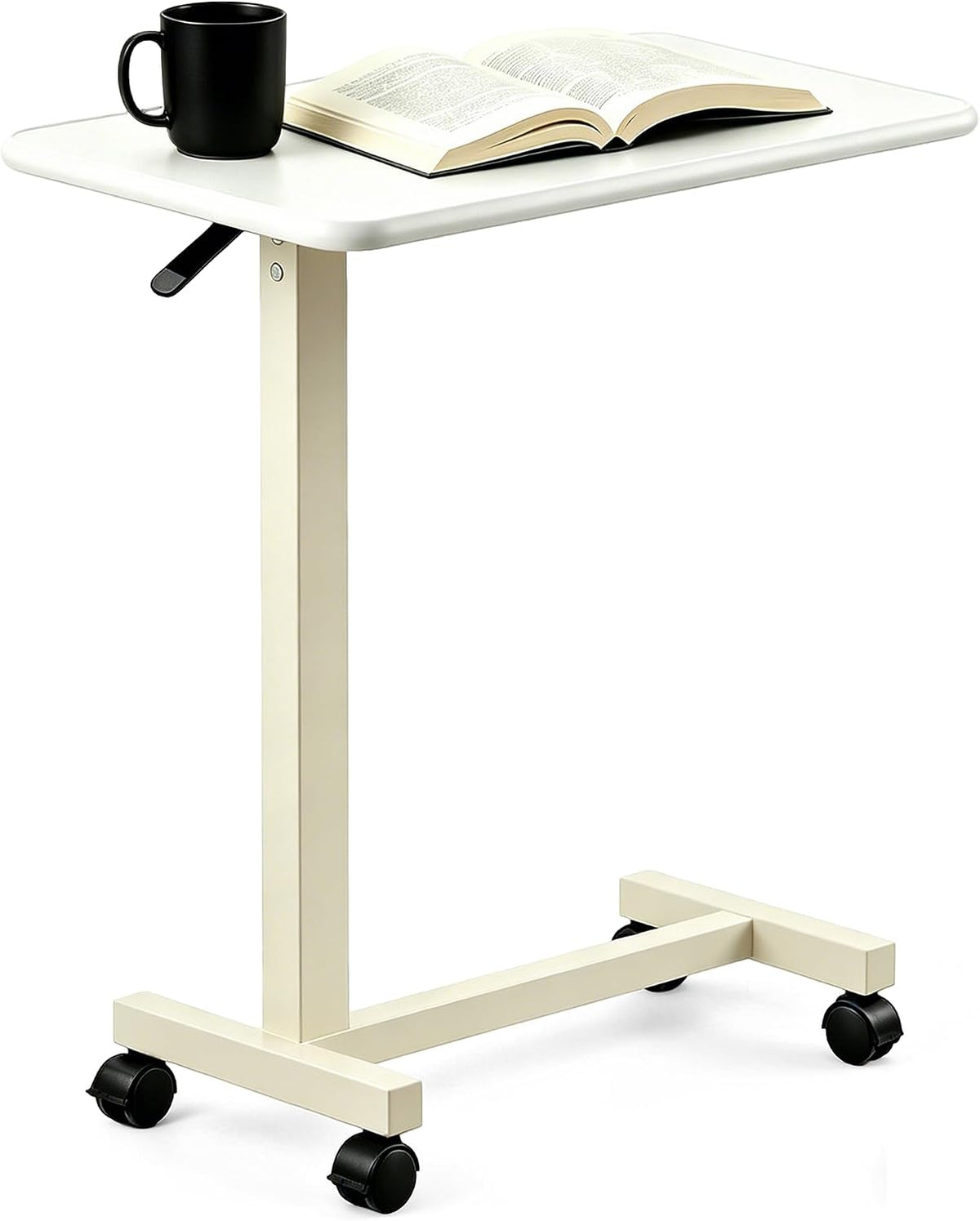 Mesa de noche ajustable con ruedas, mesa de noche neumática con elevación de altura, escritorio de pie para uso doméstico y oficina, ideal para personas mayores y movilidad limitada (blanco)