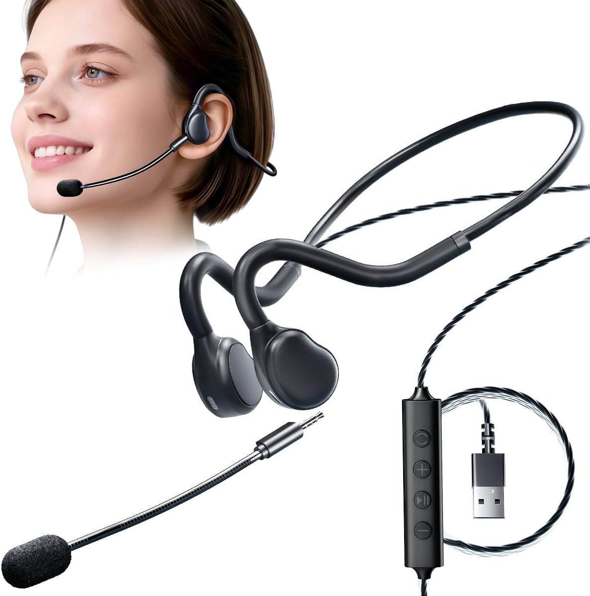 Auriculares USB para computadora con micrófono, auriculares de oreja abierta, auriculares con cable con controles en línea, 0.88 onzas ligeras, cancelación de ruido