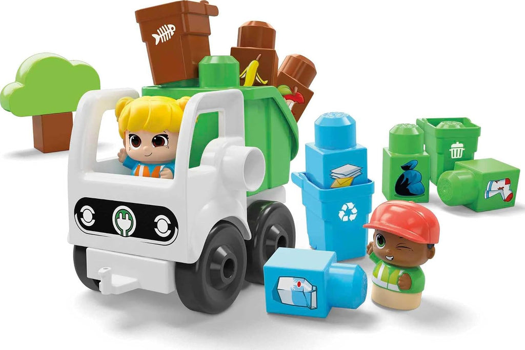 MEGA BLOKS Fisher-Price - Bloques de construcción para niños pequeños, escuadrón de clasificación y reciclaje de Green Town con 15 piezas, 2 figuras, ideas de regalo de juguete para niños