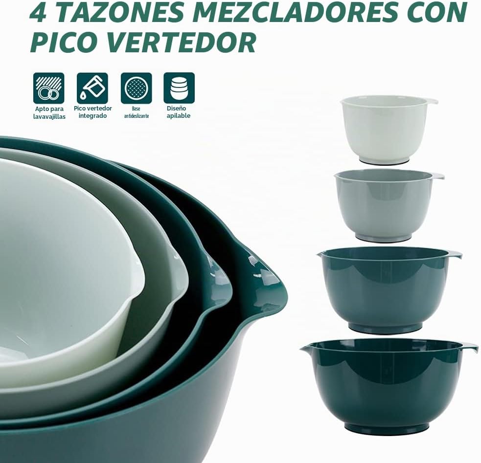 Juego de 4 cuencos de plástico para mezclar, sin BPA