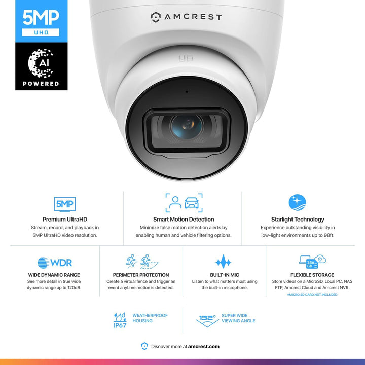 Amcrest Cámara PoE de torreta, de 5 MP, IP UltraHD para exteriores,...