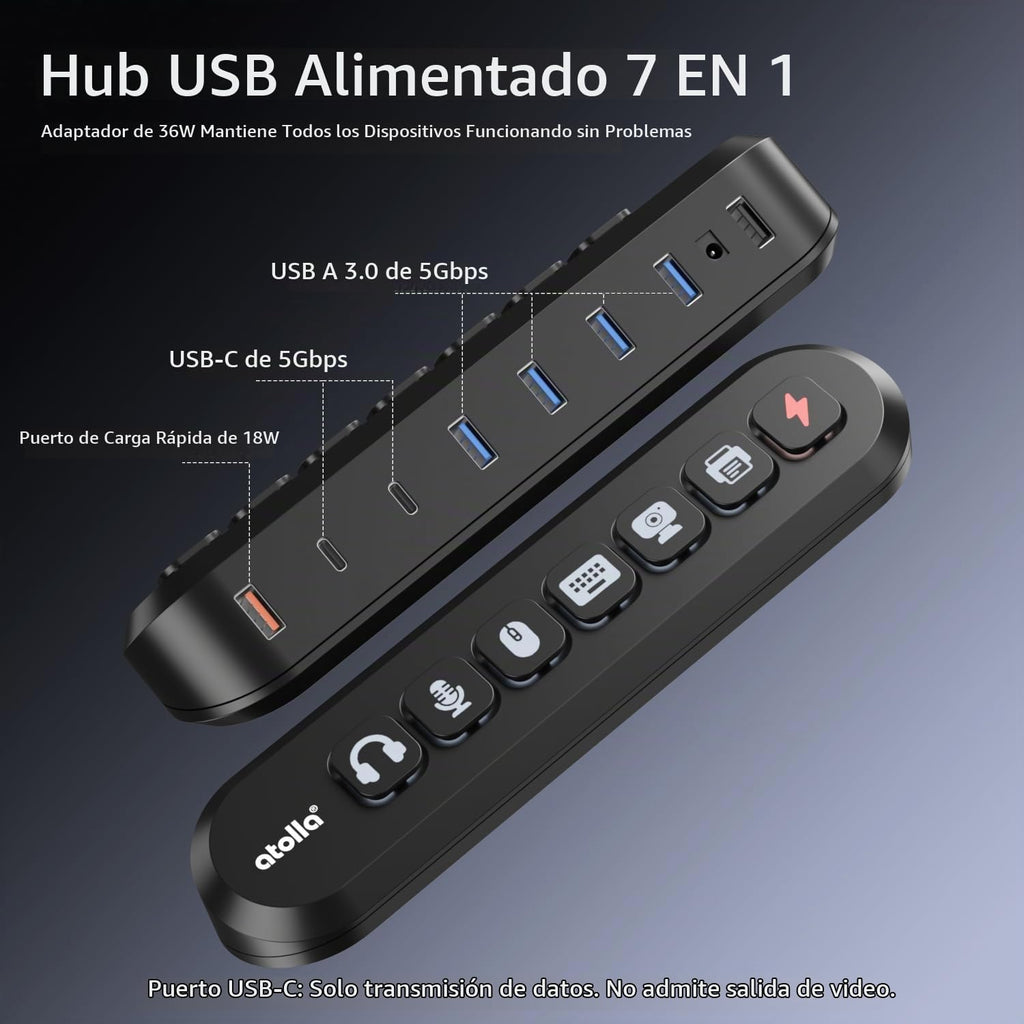 atolla, hub USB 6 de 7 puertos, alimentado